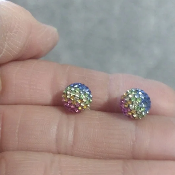 VINTAGE STERLING SILVER .925 MULTICOLOR PAVE CRYSTAL 8MM BALL STUD EARRINGS - Picture 2 of 9